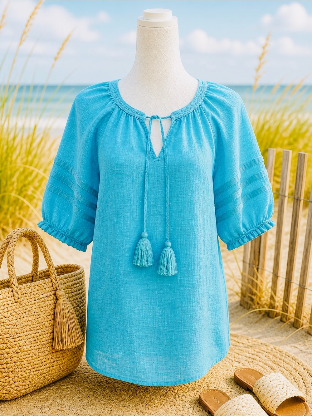 Talbots Top Turquoise Linen Tassel Tie Blouse Medium Coastal Boho Top